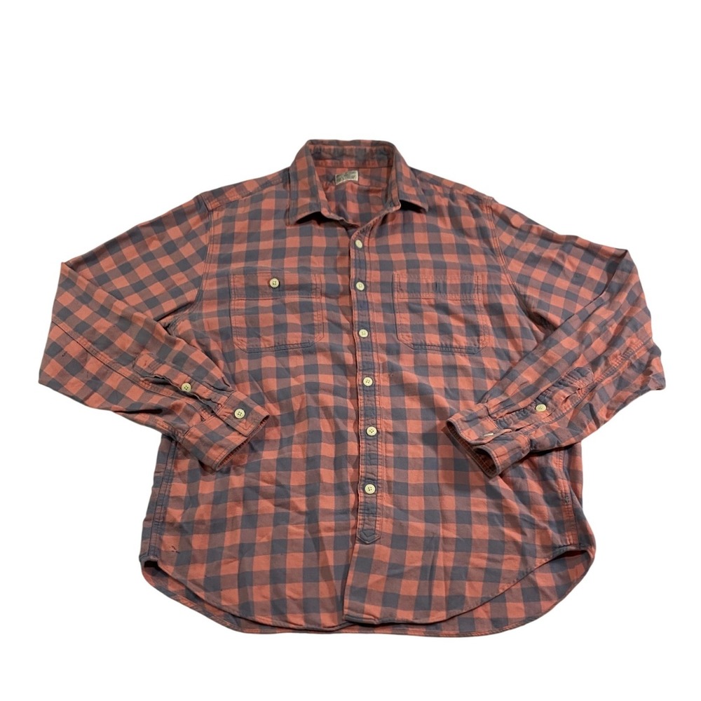 J.Crew Mens Flannel Shirt Large Orange Navy Blue Buffalo Check Cotton 28892 FA13